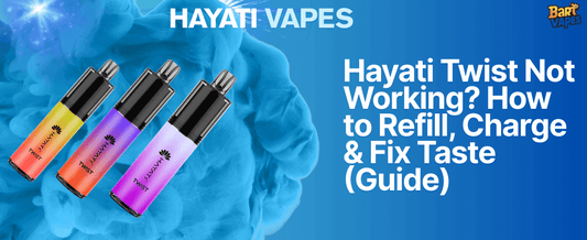 Three colourful Hayati Twist vapes displayed with a blue smoke background. "Hayati Vapes" written on top centerText reads: "Hayati Twist Not Working? How to Refill, Charge & Fix Taste (Guide)". Bart Vapes logo shown