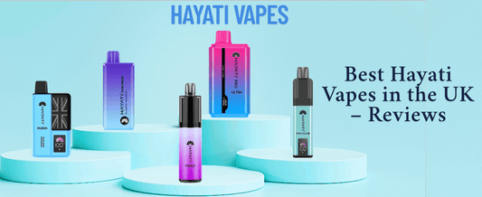 Hayati disposable vapes, including models like Duo Mesh, Pro Ultra, and Twist, showcased on pastel blue podiums. The image promotes “Best Hayati Vapes in the UK – Reviews” with a clean, modern aesthetic.