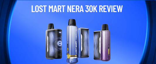 Lost Mary Nera 30K vape review banner featuring four stylish disposable vape devices in different colours, shown on a glowing blue background with bold white review title text at the top.