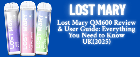 Three colourful Lost Mary QM600 disposable vapes in Grape, Blue Razz Cherry, and Blueberry Raspberry Pomegranate flavours, displayed on a blue background with bold text highlighting a 2025 UK review and guide.