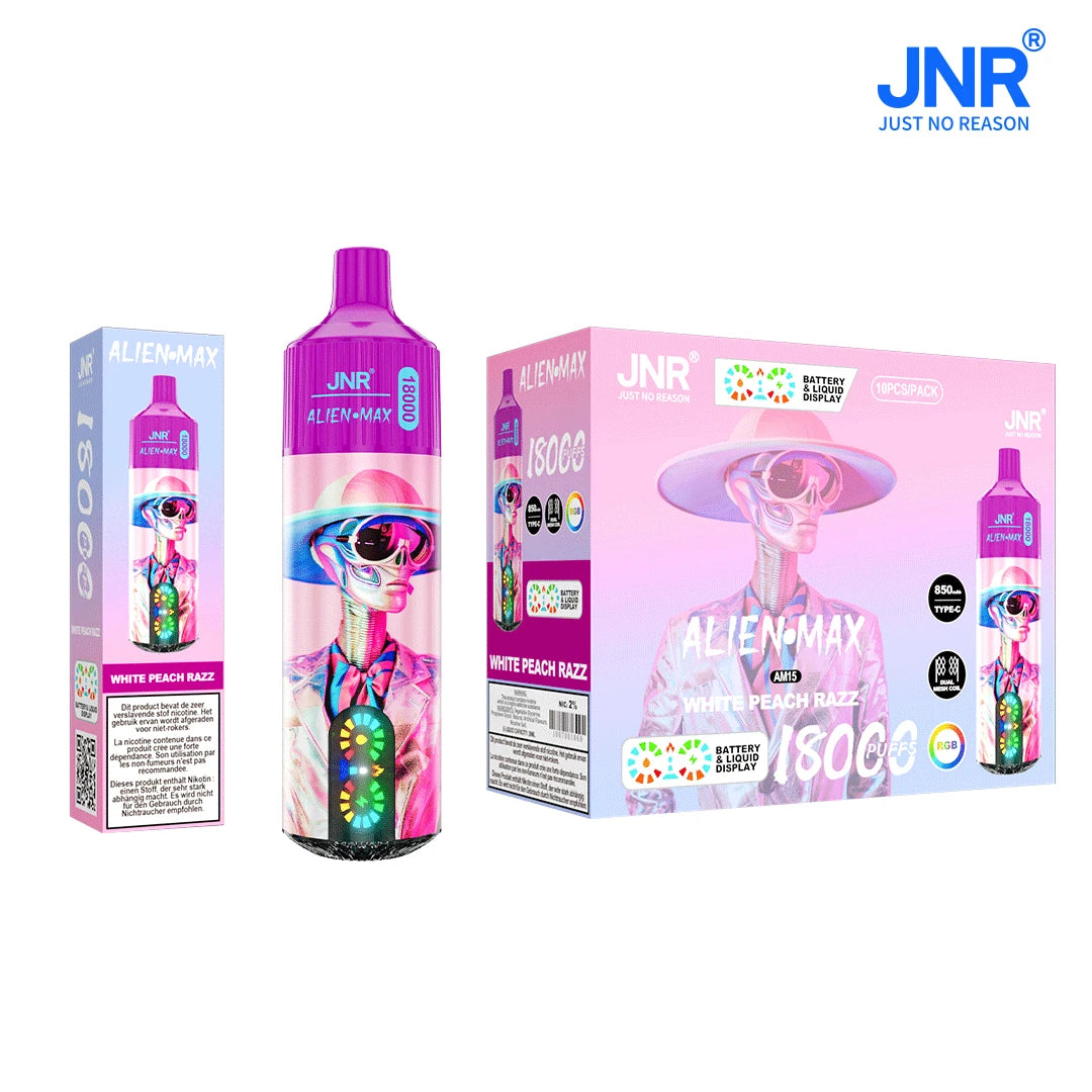 JNR Alien max 18000 puffs disposable vape. Pink colour with White Peach razz flavor