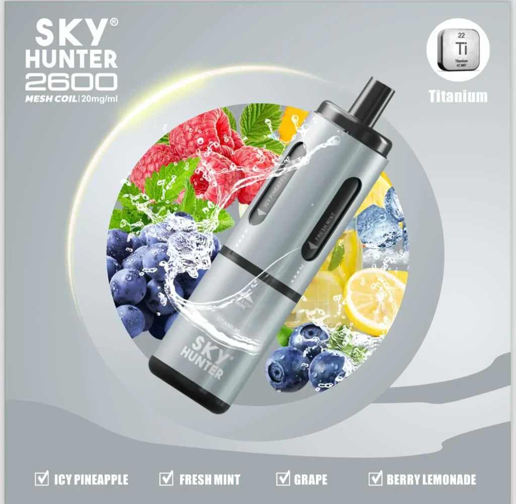 Sky Hunter 2600 Puffs Disposable Vape. Silver colour device with Icy pineapple, Fresh mint, Grape, Berry lemonade flavors