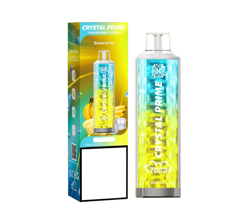 Crystal Prime 7000 puffs Disposable Vape in UK, with Yellow and Blue Colour and Banana Ice Flavour.