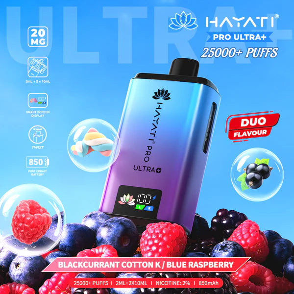 Hayati Pro Ultra+ 25000+ Puffs Disposable Vape UK, with Blue and Purple colour of device and having Blackcurant Cotton K Blue Raspberry Flavours.