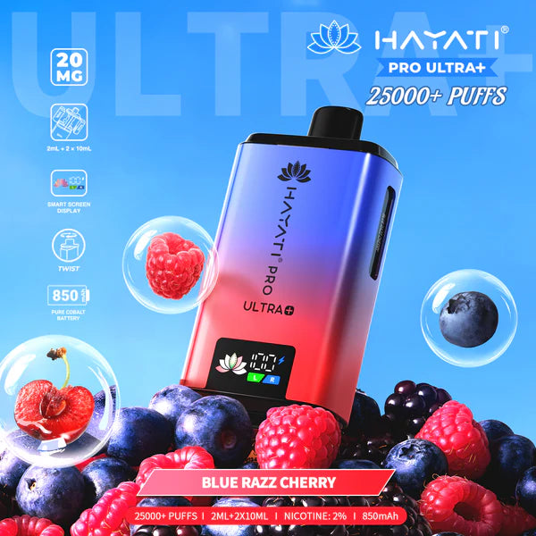 Hayati Pro Ultra+ 25000+ Puffs Disposable Vape UK, with Blue and Red colour of device and having Blue Razz Cherry Flavours.