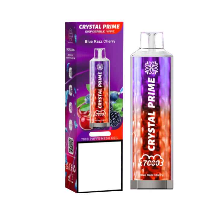 Crystal Prime 7000 puffs Disposable Vape in UK, with Red and Purple Colour and Blue Razz Cherry Flavour.