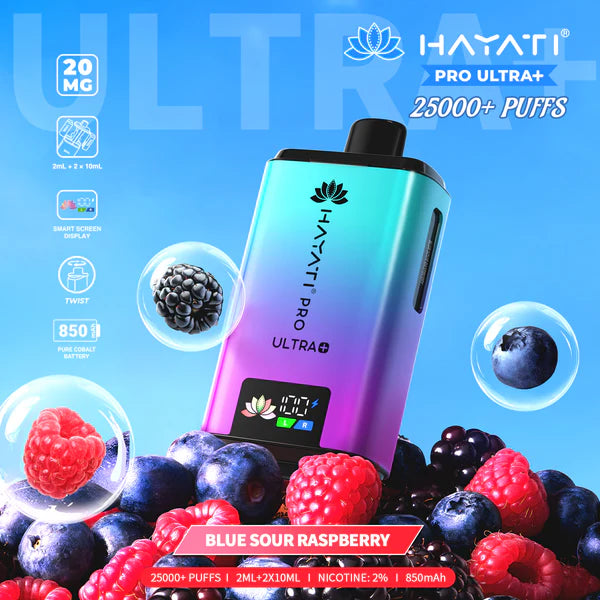 Hayati Pro Ultra+ 25000+ Puffs Disposable Vape UK, with Blue and Pink colour of device and having Blue sour Raspberry Flavours.