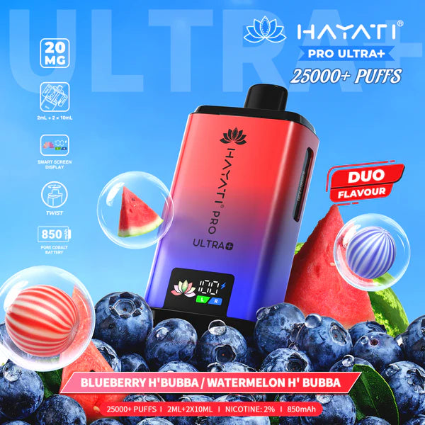 Hayati Pro Ultra+ 25000+ Puffs Disposable Vape UK, with Blue and Red colour of device and having Blueberry H'Bubba \ Watermelon H'Bubba Flavours.