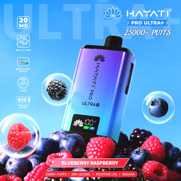 Hayati Pro Ultra+ 25000+ Puffs Disposable Vape UK, with Blue and Purple colour of device and having Blueberry Raspberry Flavours.