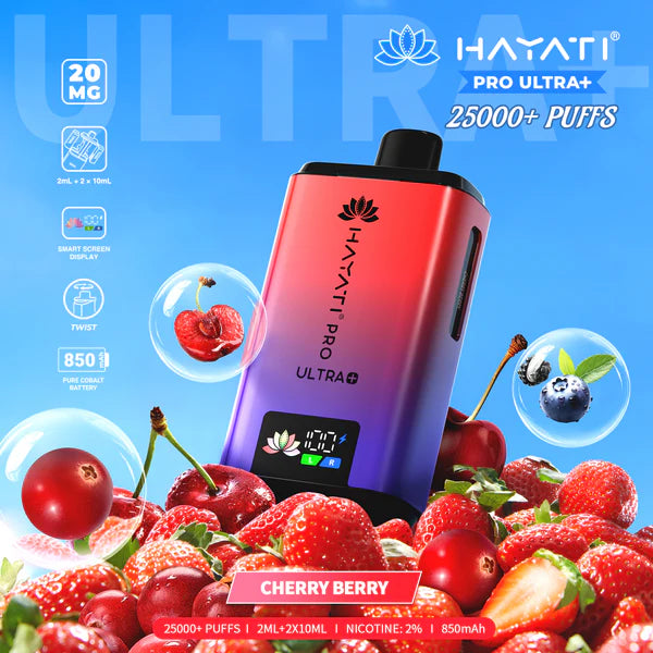 Hayati Pro Ultra+ 25000+ Puffs Disposable Vape UK, with Red and Purple colour of device and having Cherry Berry Flavours.