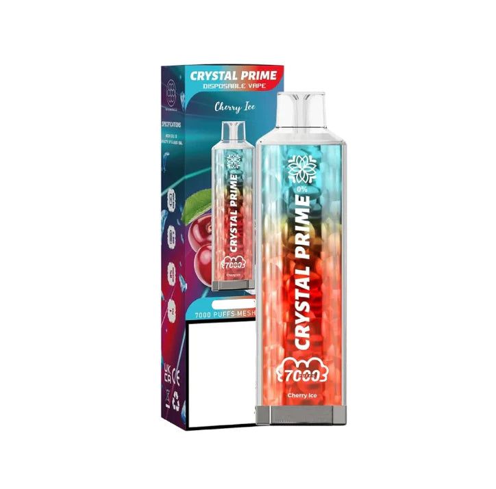 Crystal Prime 7000 puffs Disposable Vape in UK, with Red and Green Colour and Cherry Ice Flavour.