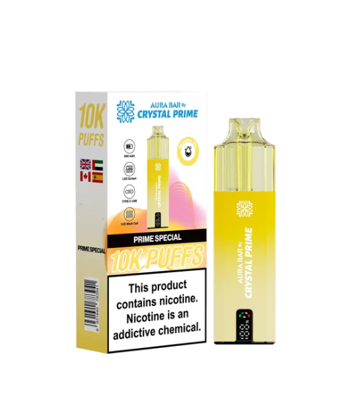 Crystal Prime 10000 Puffs Disposable Vape UK, having Yellow colour and Prime Specail flavour.