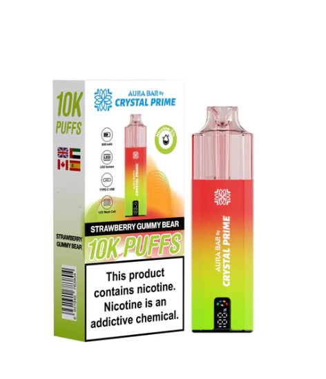 Crystal Prime 10000 Puffs Disposable Vape UK, having Green and Red colour and Strawberry Gummy Bear flavour.