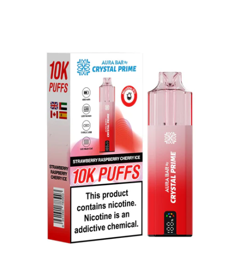 Crystal Prime 10000 Puffs Disposable Vape UK, having Red colour and Strawberry Raspberry Cherry Ice flavour.