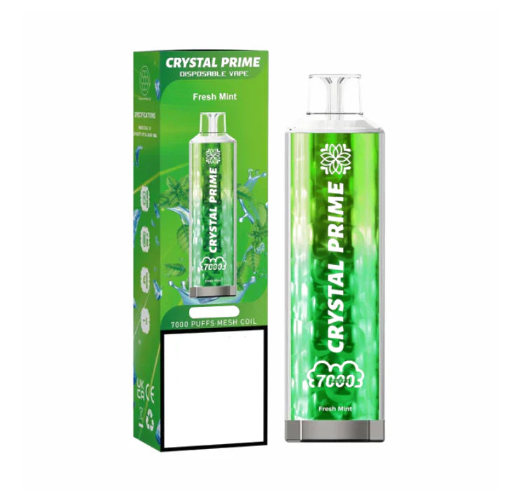 Crystal Prime 7000 puffs Disposable Vape in UK, with Green Colour and Fresh Mint Flavour.