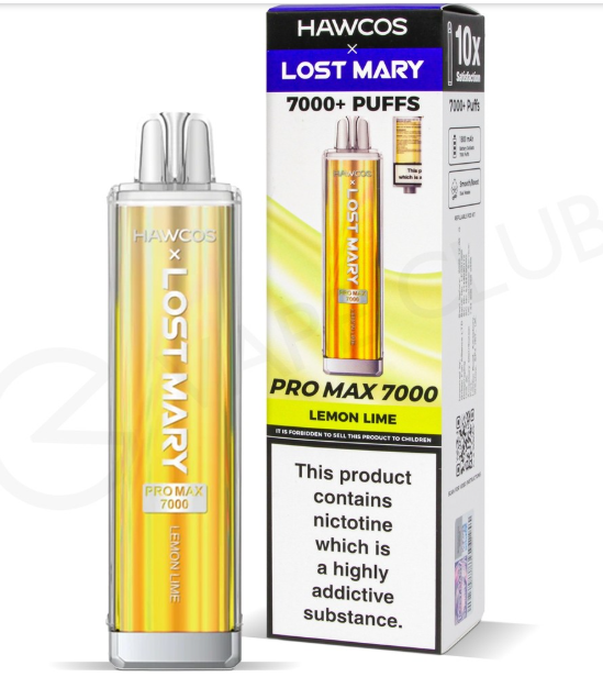 HAWCOS x Lost Mary Pro Max 7000 Disposable Kit UK, With Yellow Colour and having Lemon Lime Flavours