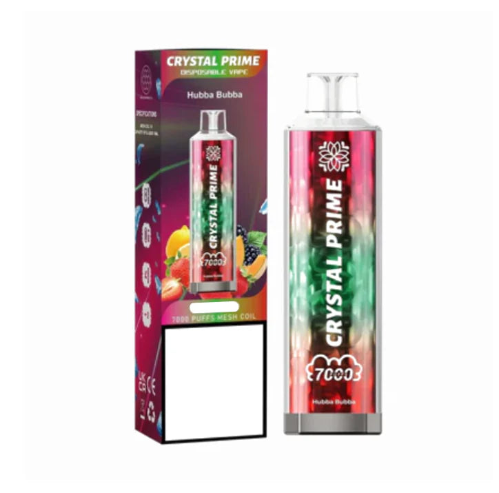 Crystal Prime 7000 puffs Disposable Vape in UK, with Red and Green Colour and Huba Buba Flavour.