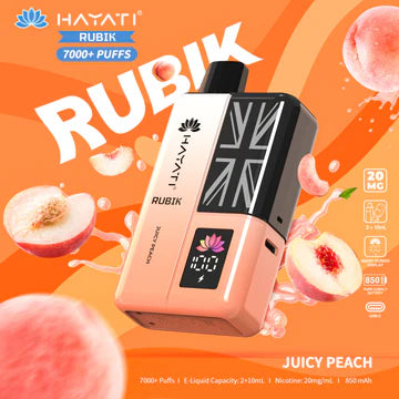 Hayati Rubik 7000+ Puffs Disposable Pod Vape Kit UK, with Orange Colour and having Juicy Peach flavour.