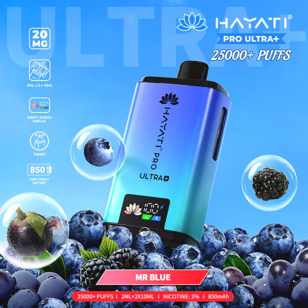 Hayati Pro Ultra+ 25000+ Puffs Disposable Vape UK, with Blue and Light colour of device and having MR Blue Flavours.