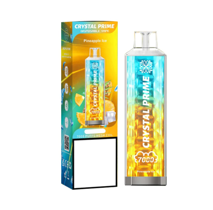 Crystal Prime 7000 puffs Disposable Vape in UK, with Yellow and Blue Colour and Pineapple Ice Flavour.