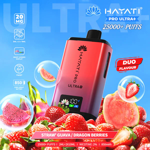 Hayati Pro Ultra+ 25000+ Puffs Disposable Vape UK, with Red and Purple colour of device and having Straw Guava \ Dragon Berries Flavours.
