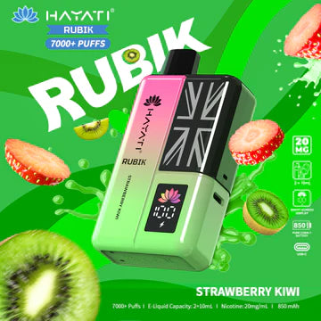 Hayati Rubik 7000+ Puffs Disposable Pod Vape Kit UK, with Pink and Green Colour and having Strawberry Kiwi flavour.