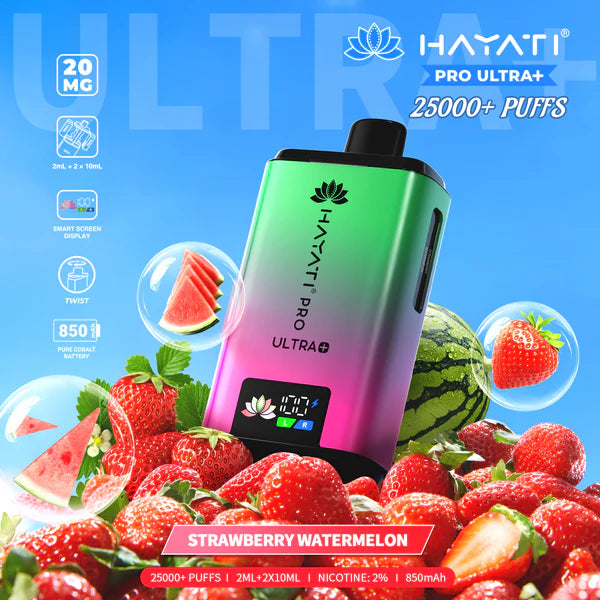 Hayati Pro Ultra+ 25000+ Puffs Disposable Vape UK, with Green and Pink colour of device and having Strawberry Watermelon Flavours.