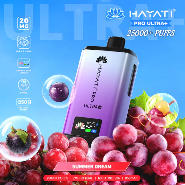 Hayati Pro Ultra+ 25000+ Puffs Disposable Vape UK, with Purple colour of device and having Summer Dream Flavours.