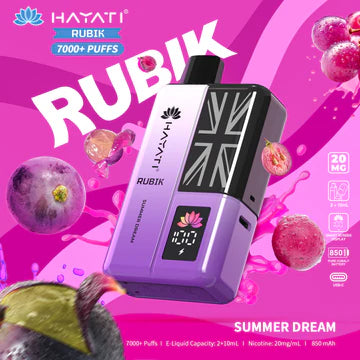 Hayati Rubik 7000+ Puffs Disposable Pod Vape Kit UK, with Purple Colour and having summer Dream flavour.