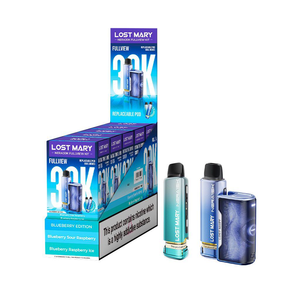 Lost Mary Nera 30k Fullview refilled pod kit UK , with Light Green Colour and Blueberry Edition Flavours.