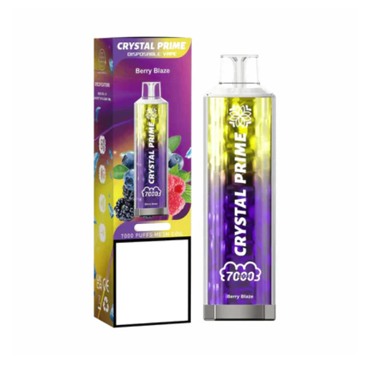 Crystal Prime 7000 puffs Disposable Vape in UK, with Yellow and Purple Colour and Berry Blaze Flavour.