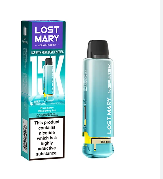 Lost Mary Nera 30k Fullview refilled pod kit UK , with light Green Colour and Blueberry Raspberry Ice Flavours.