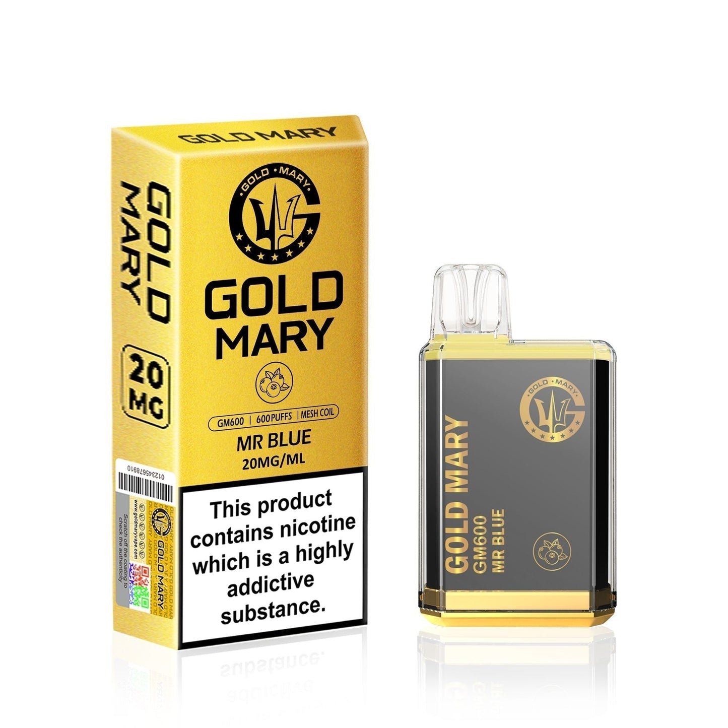 Gold Mary GM600 puffs disposable vape UK, with MR Blue Flavour.