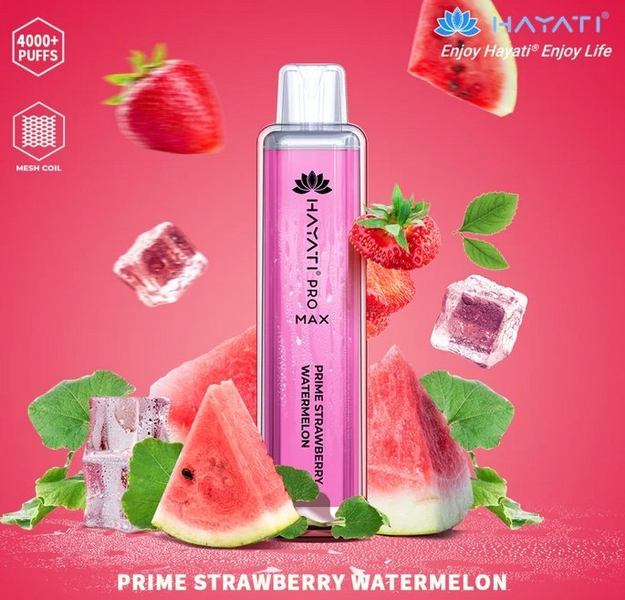 Bottle of Hayati Pro Max 4000 Disposable Vape (pink) Prime strawberry Watermelon flavour