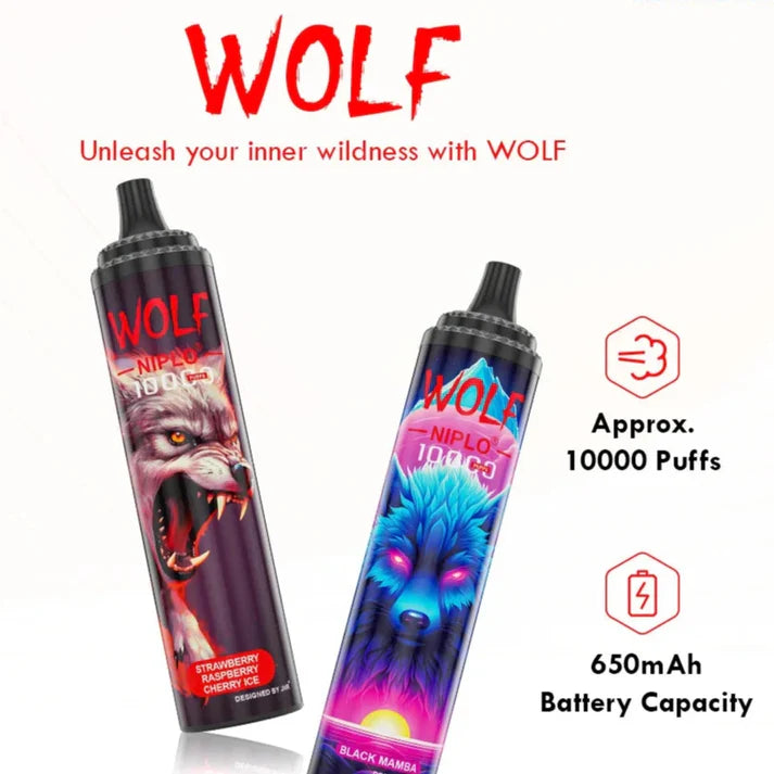 JNR wolf niplo 10000 puffs Disposable vape. Black and Blue colour having Strawberry raspberry Cherry Ice and Black Mamba Flavours.