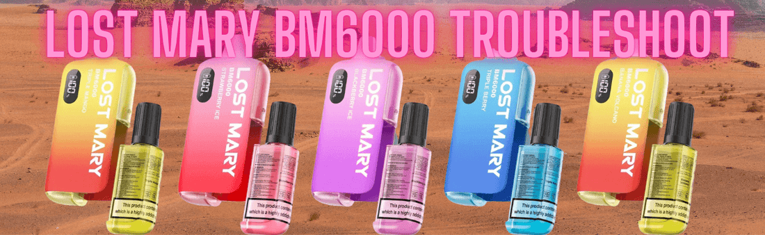 Lost Mary BM6000 vapes in various flavours with matching e-liquids. Bold white title says “THE LOST MARY BM6000 REVIEW” and a “CLICK ME” prompt appears below. Colourful, modern background.