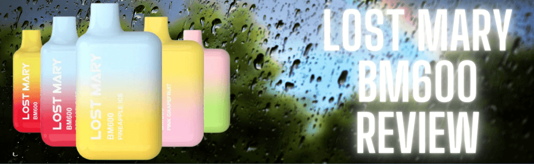 Colourful Lost Mary BM600 disposable vapes in front of a rainy window with bold white text reading “Lost Mary BM600 Review” – showcasing vibrant vape designs and branding.