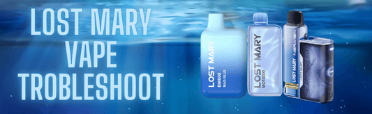 Lost Mary Vape Troubleshooting Banner featuring different Lost Mary vape models underwater, including BM600, MO10000, and NGRAISK