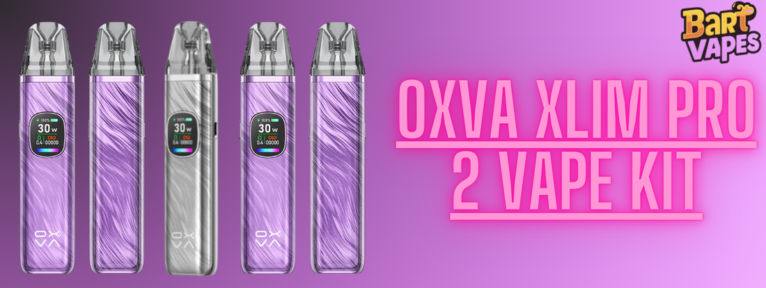 Five OXVA XLIM Pro 2 Vape Kits in purple and silver colour designs displayed on a pink and purple gradient background with 'OXVA XLIM PRO 2 VAPE KIT' written in bold pink text and the Bart Vapes logo in the top right corner
