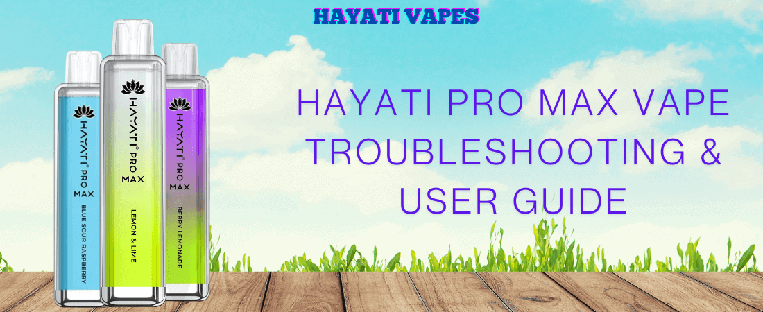 Three Hayati Pro Max vapes (Blue Sour Raspberry, Lemon & Lime, Berry Lemonade) on wood with sky background. Text says: “Hayati Pro Max Vape Troubleshooting & User Guide.”