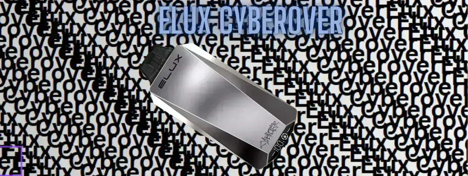 lux Cyberover vape device displayed on a bold, repeated text background featuring the words 'Cyberover' and 'Elux', highlighting the modern, sleek design of this high-puff disposable vape.