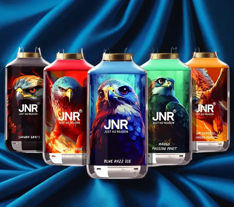 JNR Falcon X 18000 puffs disposable vapes in five vibrant flavours, each featuring a bold eagle design and sleek build, displayed against a silky blue background for a premium look