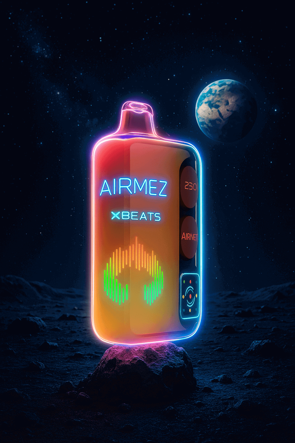 A digital rendering features an Airmez XBEATS 40000 Puffs Disposable Vape placed on the moon’s surface in outer space. The vape stands upright with a glowing screen and red dual pods visible inside. Stars and distant galaxies shine in the dark sky, creating a futuristic and cosmic atmosphere around the product.