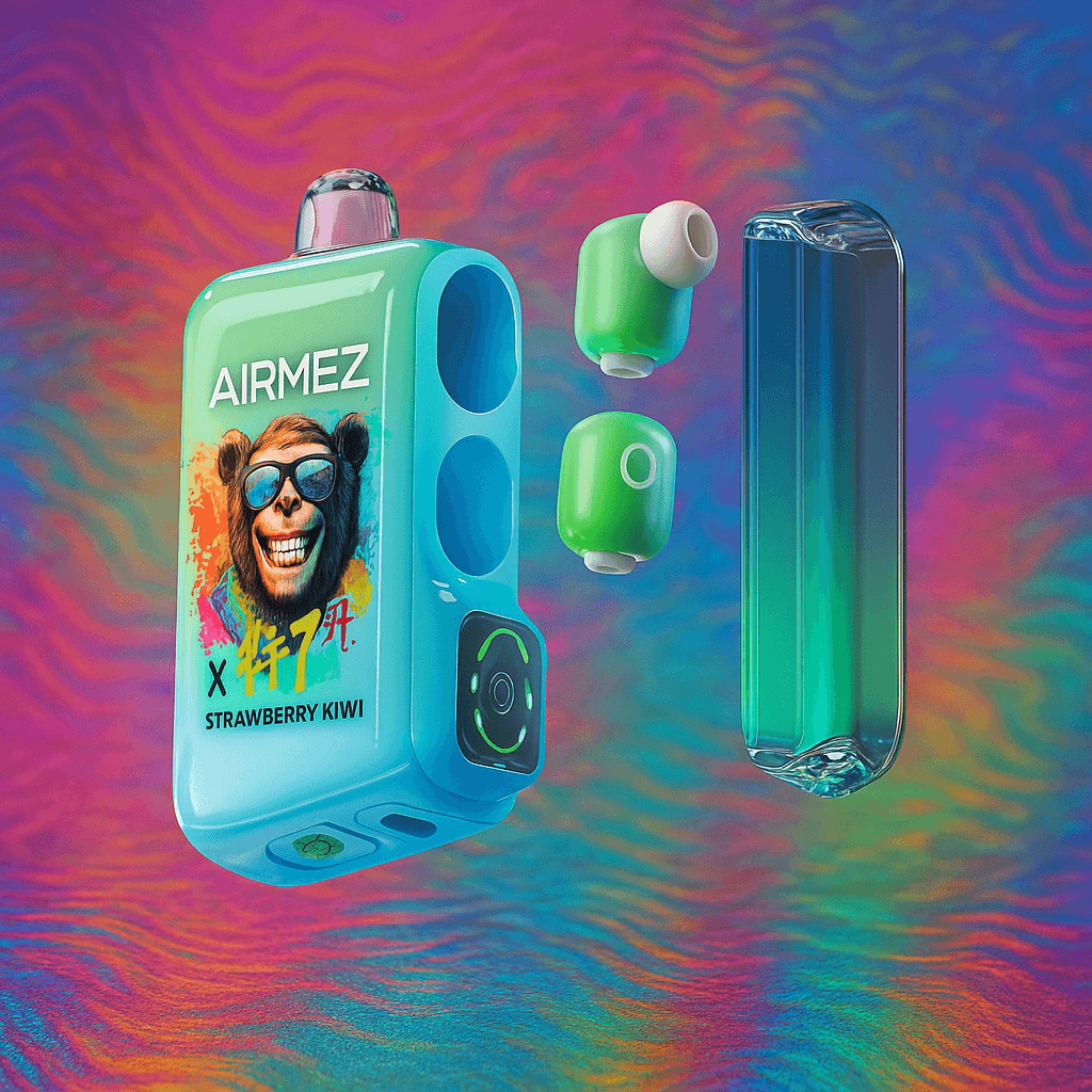 Airmez Xbeats 40000 Puffs Disposable vape device featuring a playful monkey design, green pods, and a sleek blue body, displayed against a vibrant, wavy background with swirling magenta, blue, and green color tones.