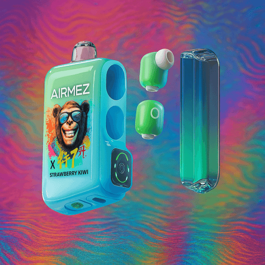 Airmez Xbeats 40000 Puffs Disposable vape device featuring a playful monkey design, green pods, and a sleek blue body, displayed against a vibrant, wavy background with swirling magenta, blue, and green color tones.