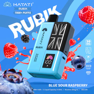 Hayati Rubik 7000+ Puffs Disposable Pod Vape Kit UK, with Blue Colour and having Blue Sour Raspberry flavour.