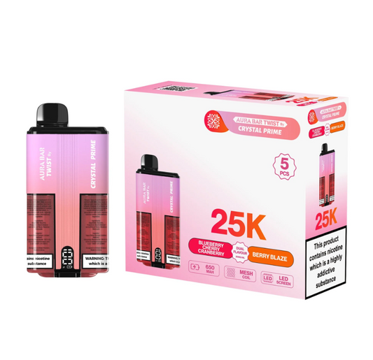 Crystal Prime Aura Bar Twist 25k Disposable Vape UK, having Pink and Brown Colour with Blueberry Cherry Cranberry and Berry Blaze flavour.
