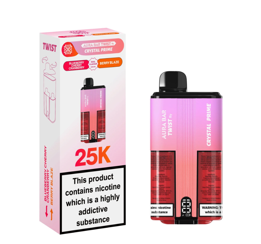  Crystal Prime Twist 25000 puffs Disposable vape UK, having Red and Pink colour with Blueberry Cherry Cranberry and Berry Blaze flavour.