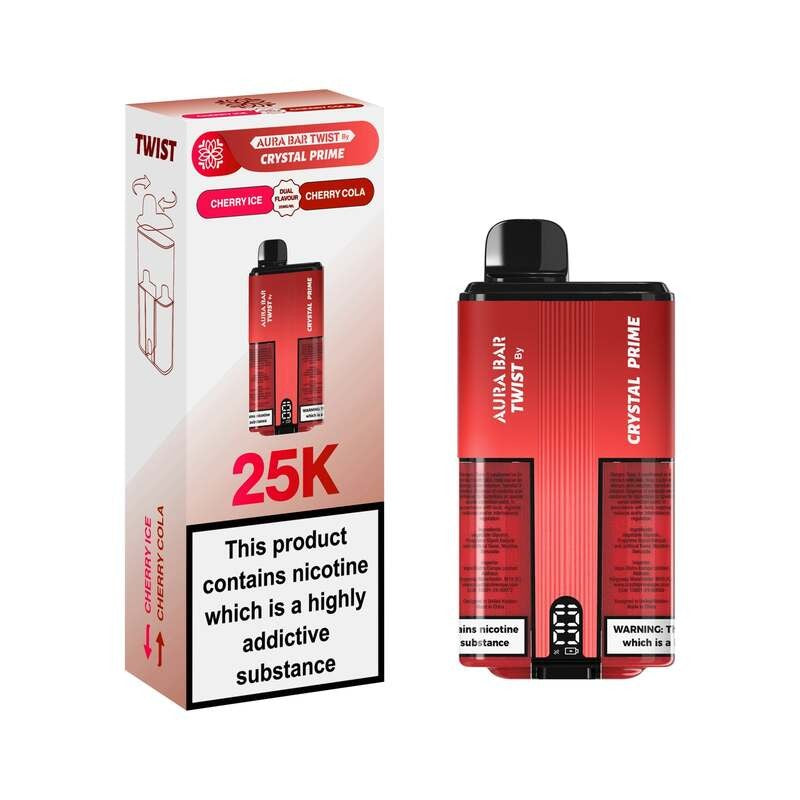  Crystal Prime Twist 25000 puffs Disposable vape UK, having red colour with Cherry Ice and Cherry Cola flavour.