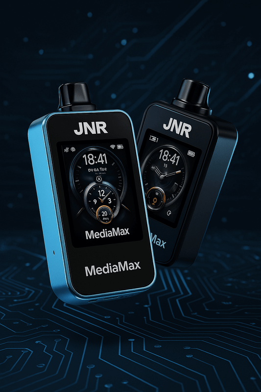 Two JNR MediaMax 40000 puffs vapes with digital touchscreen displayed in a high-tech, futuristic background – showing Regular Mode (40000 puffs) and Pulse Mode (20000 puffs) 
